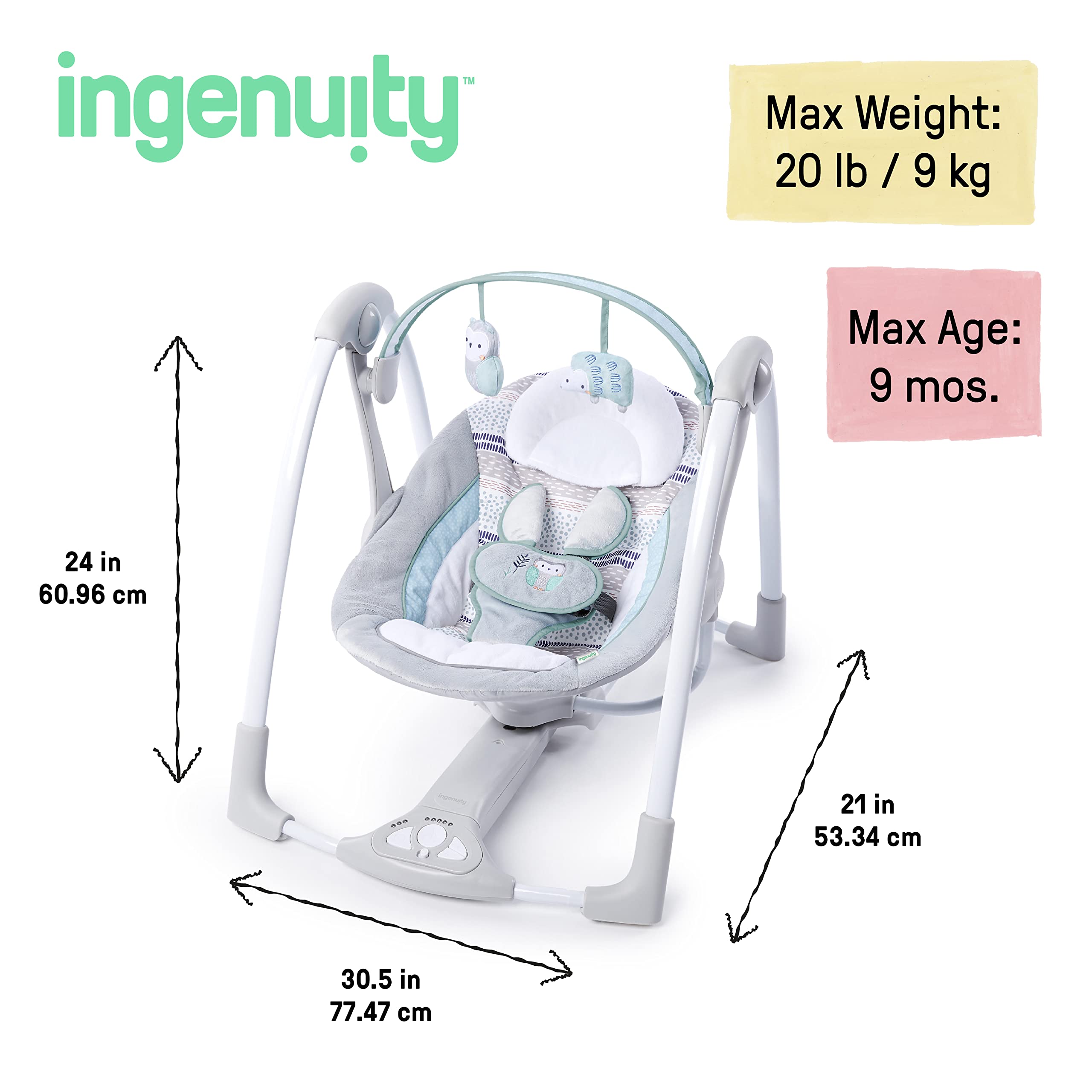 Ingenuity Compact Lightweight Portable Baby Swing with Music, Nature Sounds and Battery-Saving Technology - Abernathy, 0-9 Months - Image 7