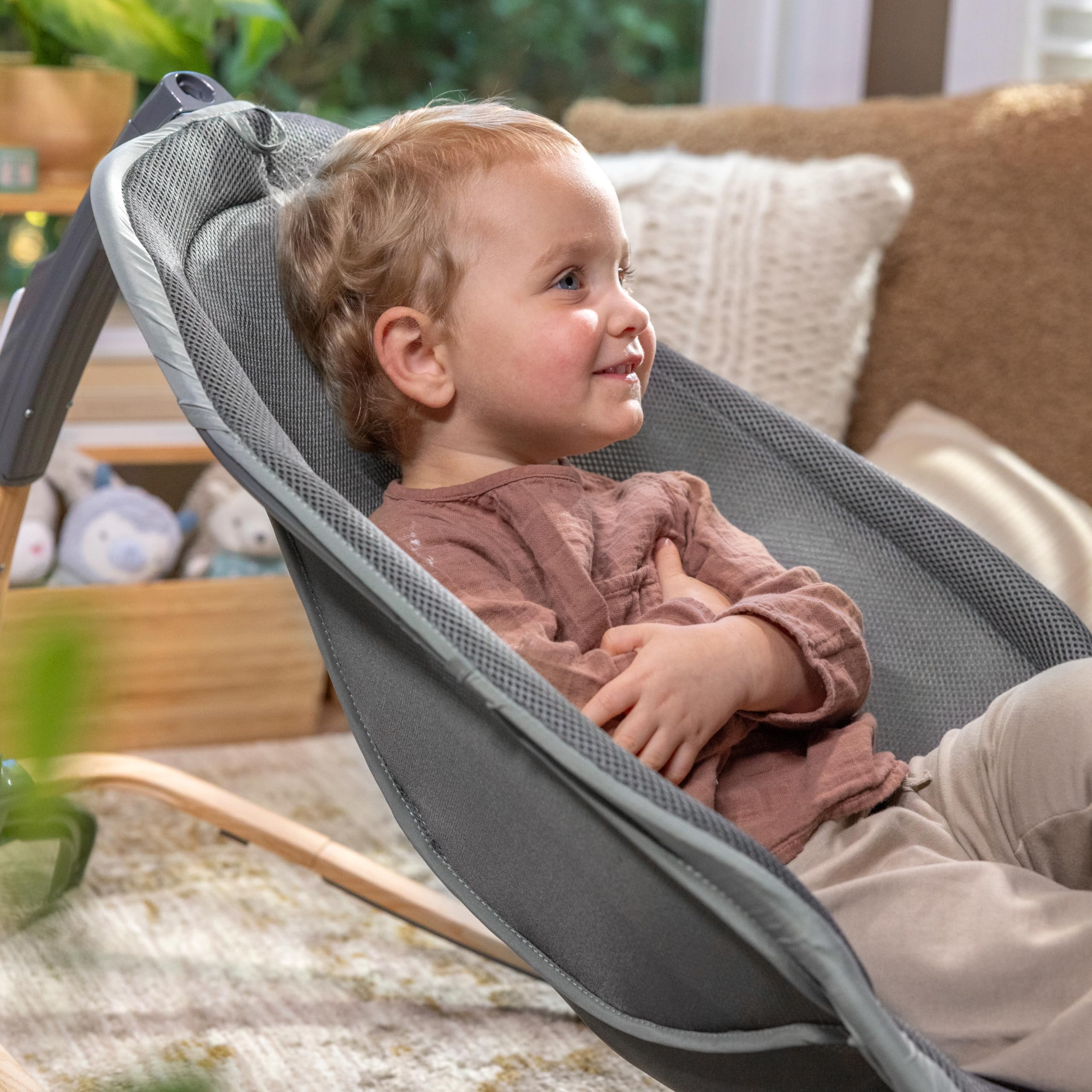 Ingenuity Every Season 2-in-1 Baby Rocker & Seat - Cooling and Warming Fabrics, Detachable Sustainable Wooden Activity Bar, Music, Vibration, for Ages 0-30 Months, Wesley (Grey) - Image 11