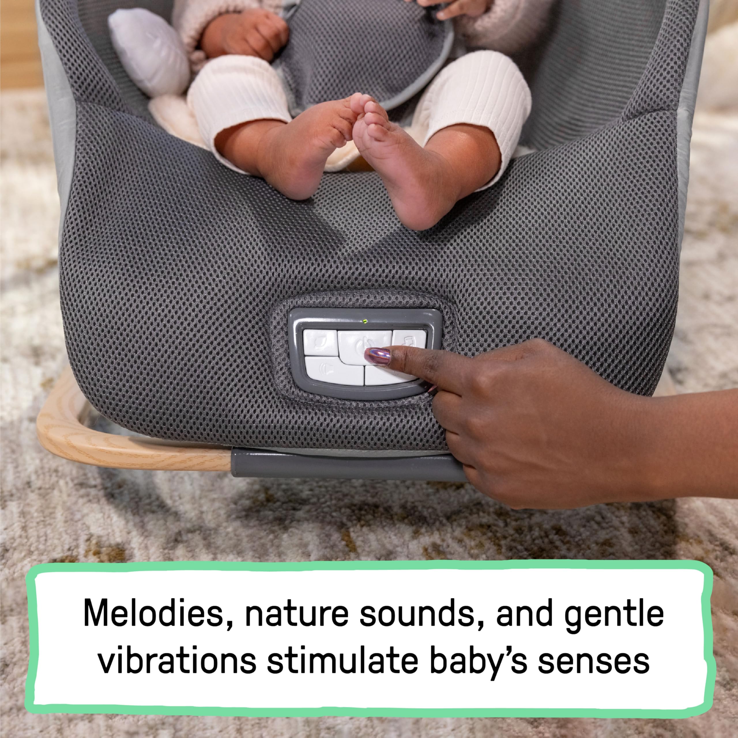 Ingenuity Every Season 2-in-1 Baby Rocker & Seat - Cooling and Warming Fabrics, Detachable Sustainable Wooden Activity Bar, Music, Vibration, for Ages 0-30 Months, Wesley (Grey) - Image 5