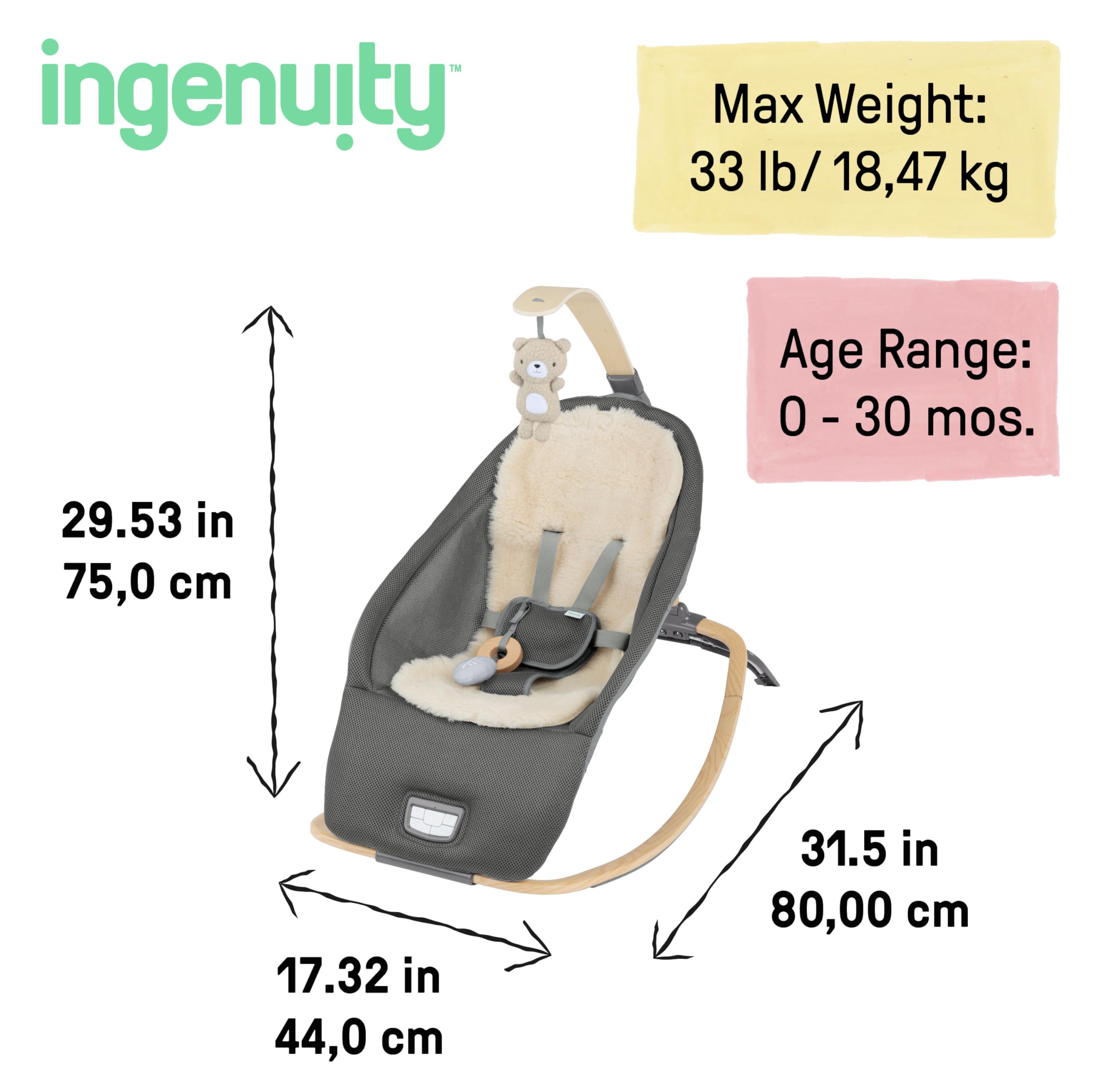 Ingenuity Every Season 2-in-1 Baby Rocker & Seat - Cooling and Warming Fabrics, Detachable Sustainable Wooden Activity Bar, Music, Vibration, for Ages 0-30 Months, Wesley (Grey) - Image 7