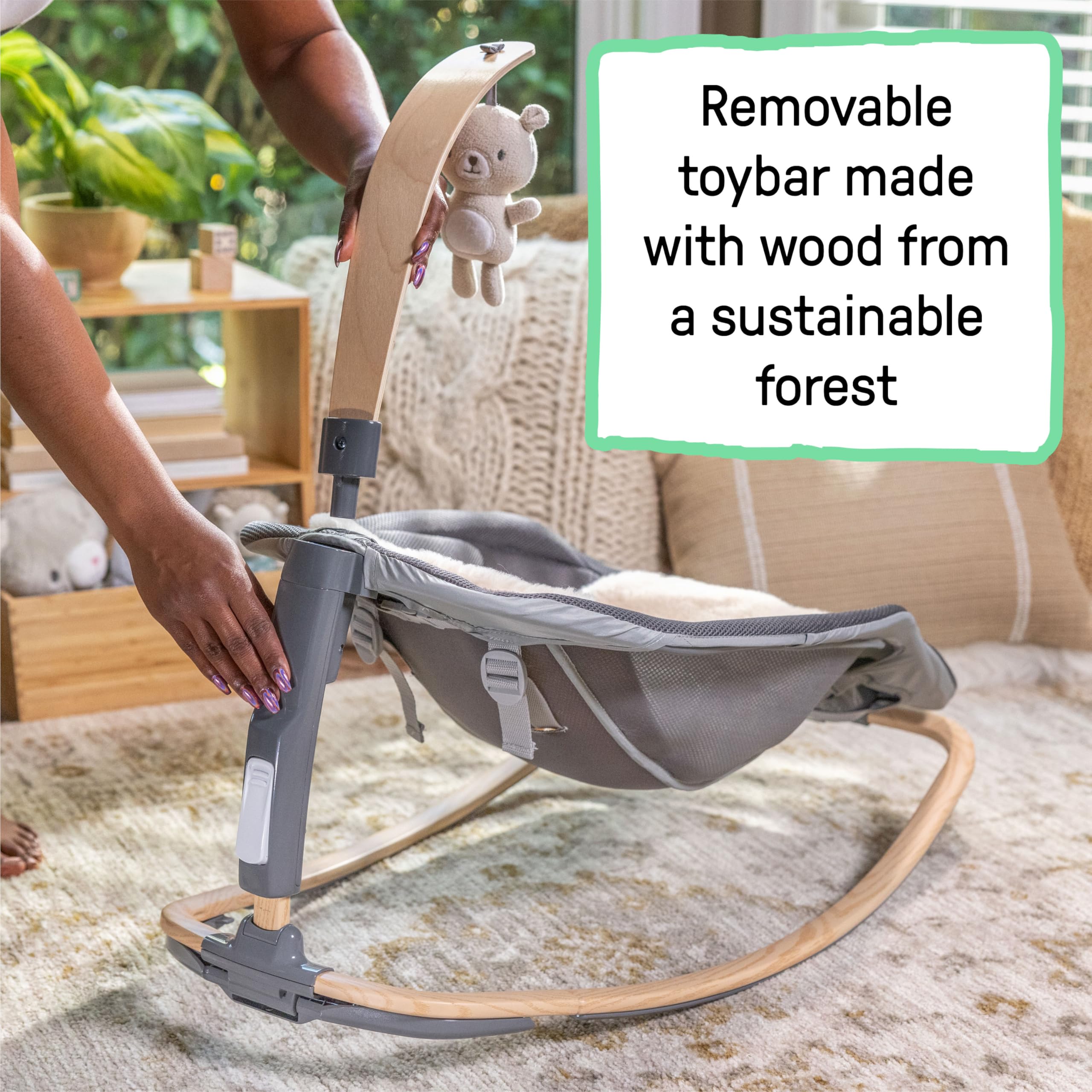 Ingenuity Every Season 2-in-1 Baby Rocker & Seat - Cooling and Warming Fabrics, Detachable Sustainable Wooden Activity Bar, Music, Vibration, for Ages 0-30 Months, Wesley (Grey) - Image 8