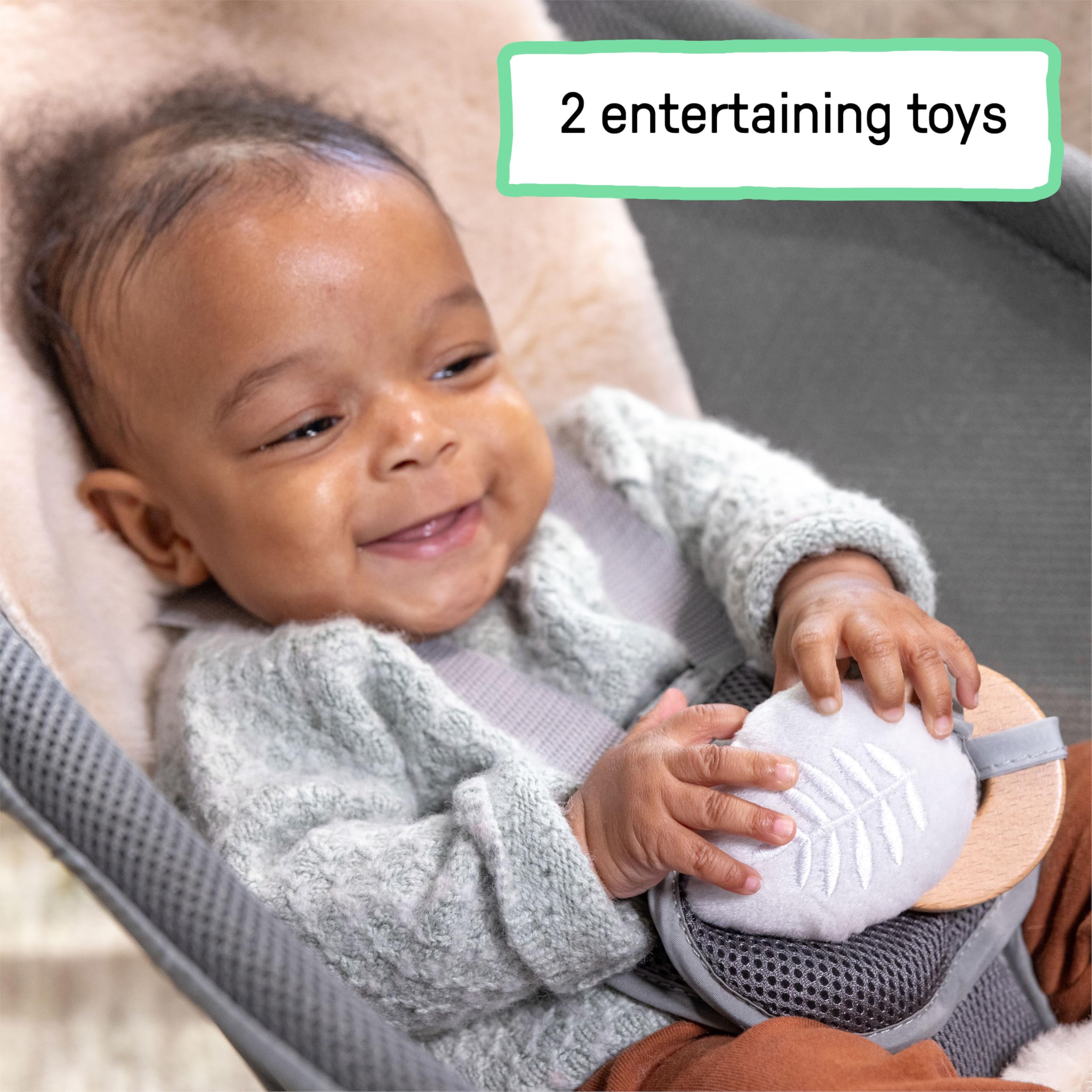 Ingenuity Every Season 2-in-1 Baby Rocker & Seat - Cooling and Warming Fabrics, Detachable Sustainable Wooden Activity Bar, Music, Vibration, for Ages 0-30 Months, Wesley (Grey) - Image 9